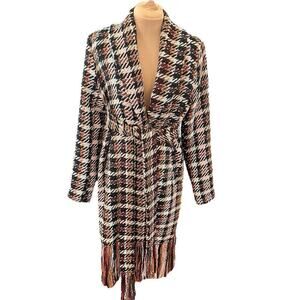 CAbi SZ M Women’s Regency Coat Belted Tweed Noble Plaid Wool Blend Fringe Hem